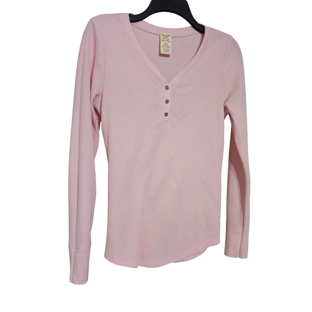 Faded Glory Rose Blush Pink Waffle Knit Henley Top Long Sleeve Size M 8-10